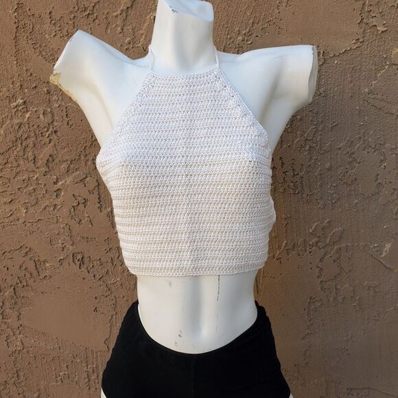 Hand Crafted Off-white Crochet Cropped Halter Top Size L - Picture 1 of 10
